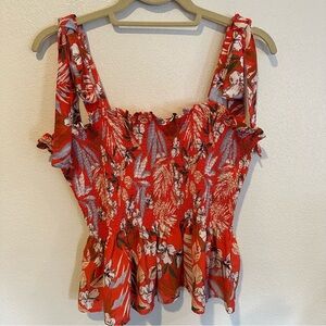 Floral Orange, White, Blue Smocked Top With Bow Straps and Peplum Size S-M